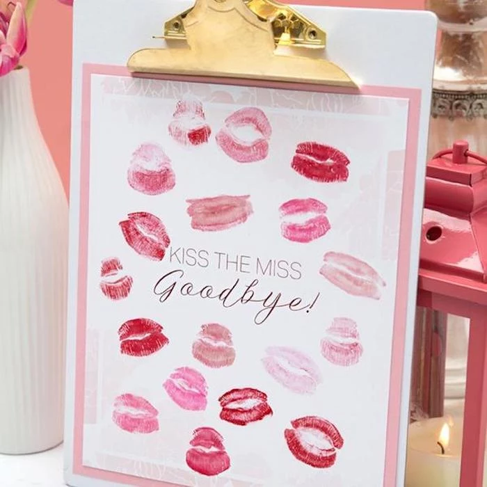 kiss the miss goodbye, lipstick prints, bachelorette party themes, pink lantern