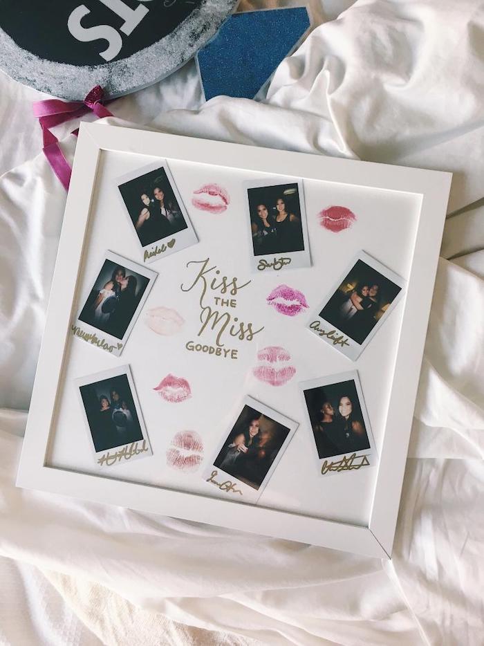 kiss the miss goodbye photo frame, bachelorette party game ideas, photos of girls, lipstick prints