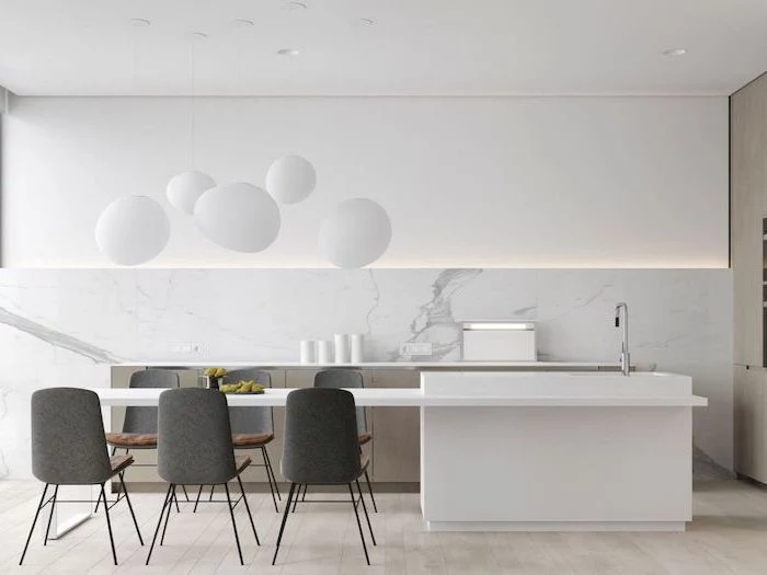 white cabinets and counters, modern kitchen ideas, dark grey chairs, marble backsplash