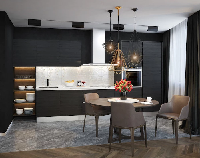 geometrical tiled backsplash, black cabinets and drawers, kitchen remodel, white counter
