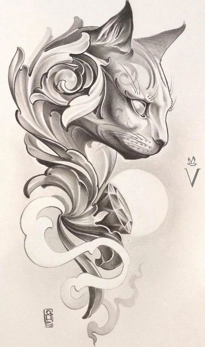 large cat head drawing, tattoo designs for women, black and white drawing, white background, tattoo symbols with hidden meaning
