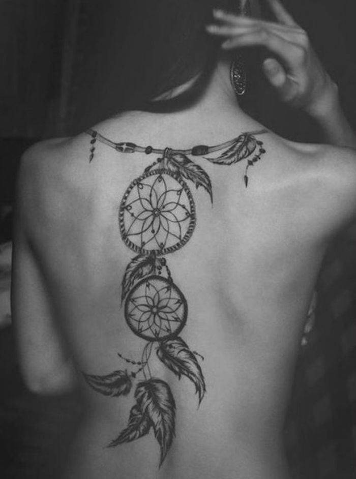 dreamcatcher tattoo on the back, tattoo designs for women, black background