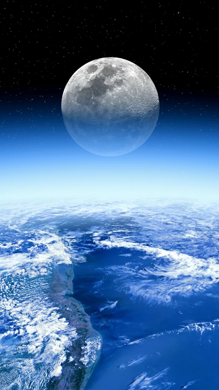 large moon, pretty iphone wallpaper, white clouds, blue and black skies