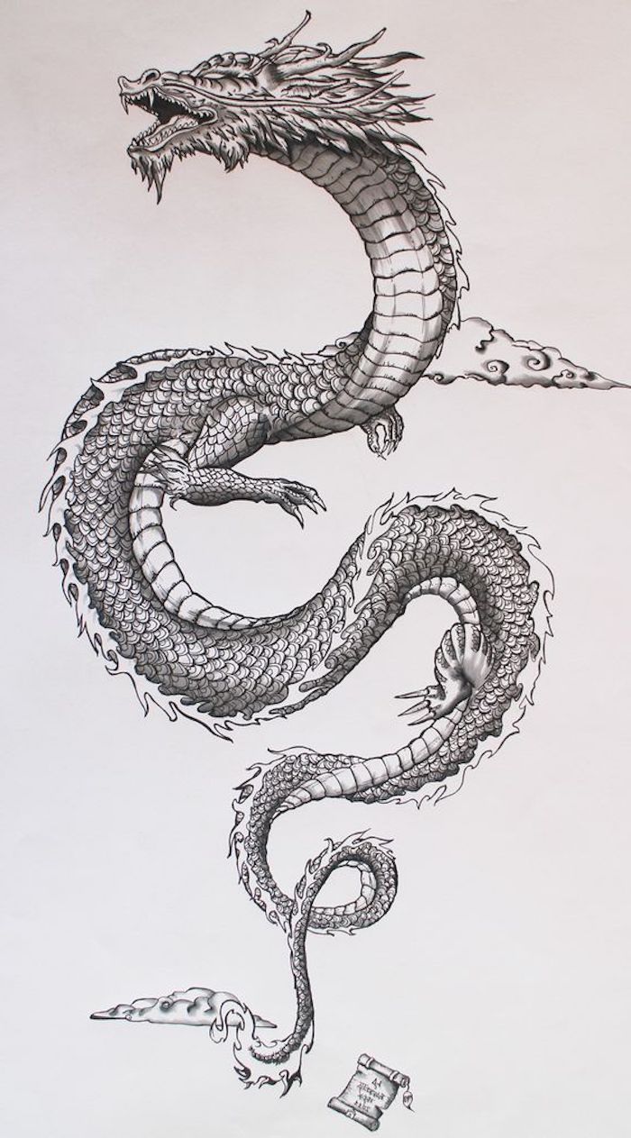 large s shaped dragon, tattoo designs for women, black and white drawing, white background