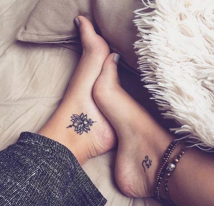 lotus flower, tattoo on the ankle, tattoos for women, white fluffy blanket