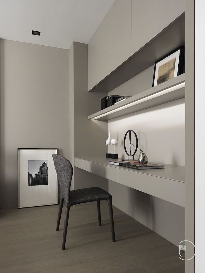 grey bookcase and cabinets, dark grey chair, cute office decor, grey walls and wooden floor