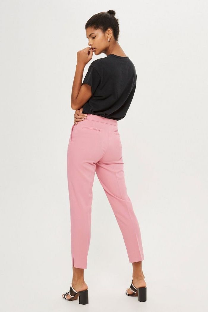 what is casual dress, light pink trousers, black shirt, black open toe shoes