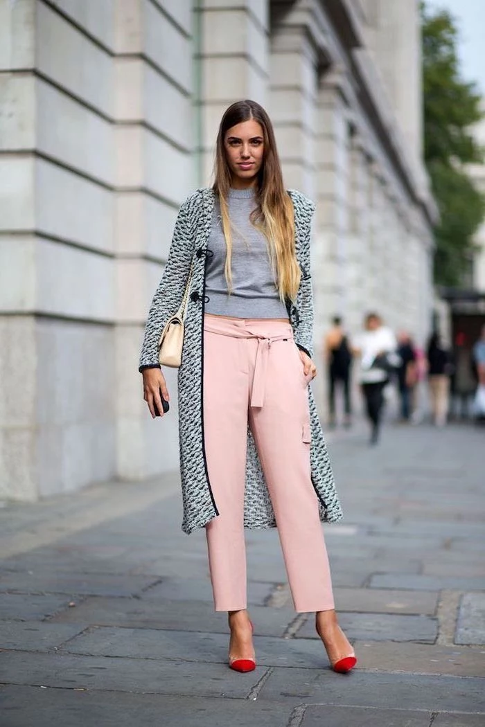 nude and red heels, what is casual dress, light pink trousers, grey blouse, long grey coat