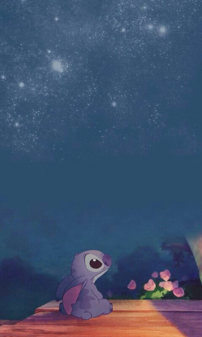 lilo and stitch character, starry blue sky, pretty iphone wallpaper, pink roses
