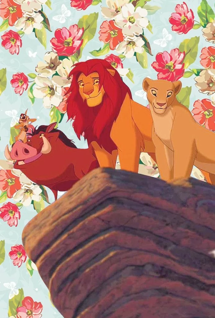 lion king characters, standing on top of a rock, flowers in the background, pretty iphone wallpaper