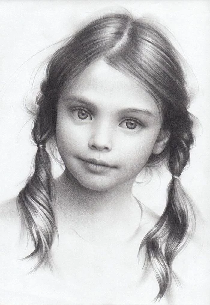 black and white drawing of a little girl, two braided ponytails, how to draw a person