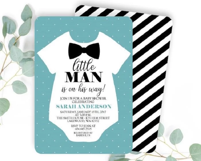 little man is on his way invitation, white onesie and a black bow, blue dotted card, baby shower party ideas