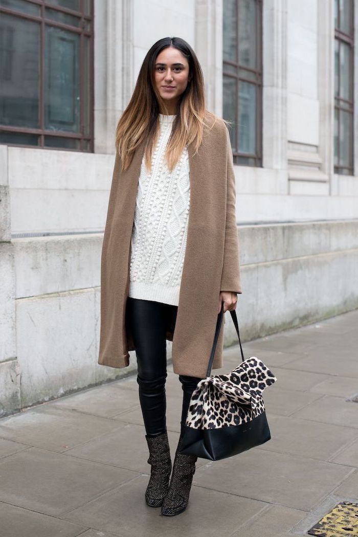 white sweater, faux leather trousers, black boots, business casual outfits for women, long brown coat, leopard print bag