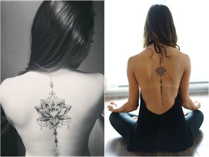 symmetrical lotus flowers, back tattoos, tattoo ideas with meaning, black and white backgrounds