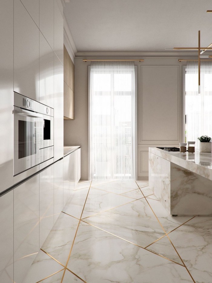 marble kitchen island and floor, white cabinets, kitchen design ideas, golden geometrical shapes on the floor