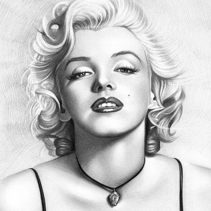 how to draw a girl face, black and white sketch, marilyn monroe drawing, short blonde curly hair