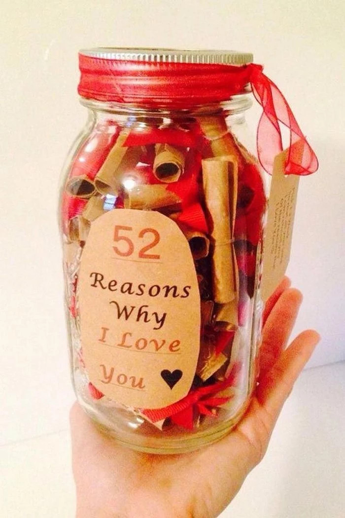 fifty two reasons why i love you, mason jar, special love messages, creative valentine's day gifts for boyfriend
