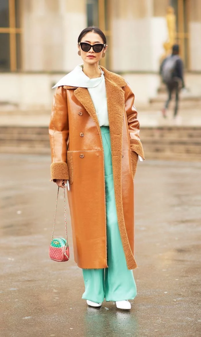 mint wide fit trousers, long brown coat, pink and mint small bag, summer business casual, white shirt