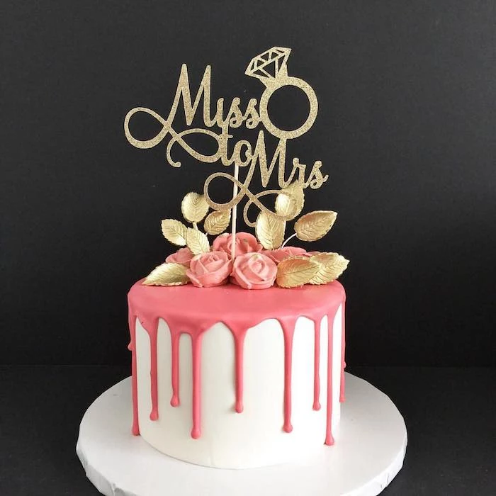 miss to mrs cake topper, white and pink cake with roses, wild bachelorette party, black background