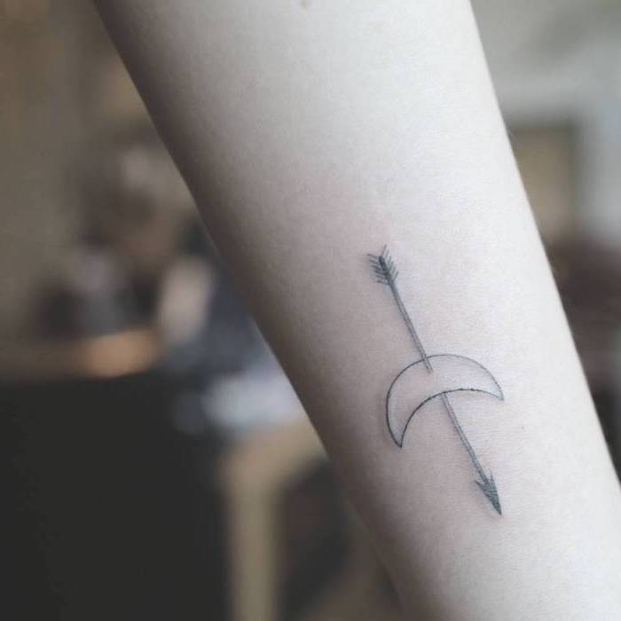 arrow through a moon, tattoo ideas for women, tattoo on the forearm