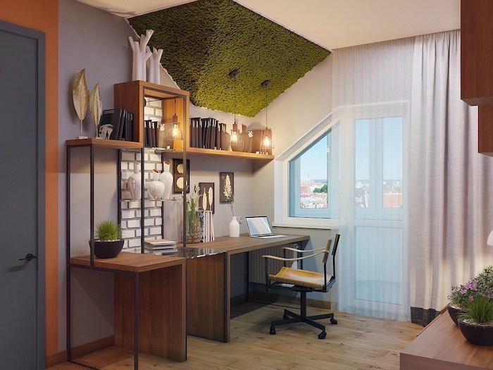 moss on the ceiling, wooden desk with yellow chair, hanging lamps, office decor ideas