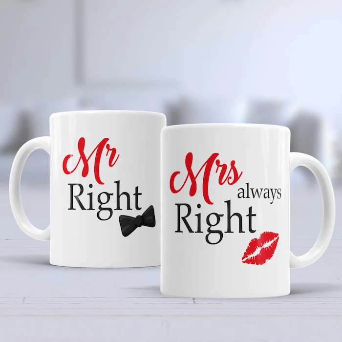 mr right and mrs always right coffee mugs, coffee mugs with special red and black text, unique gifts for boyfriend