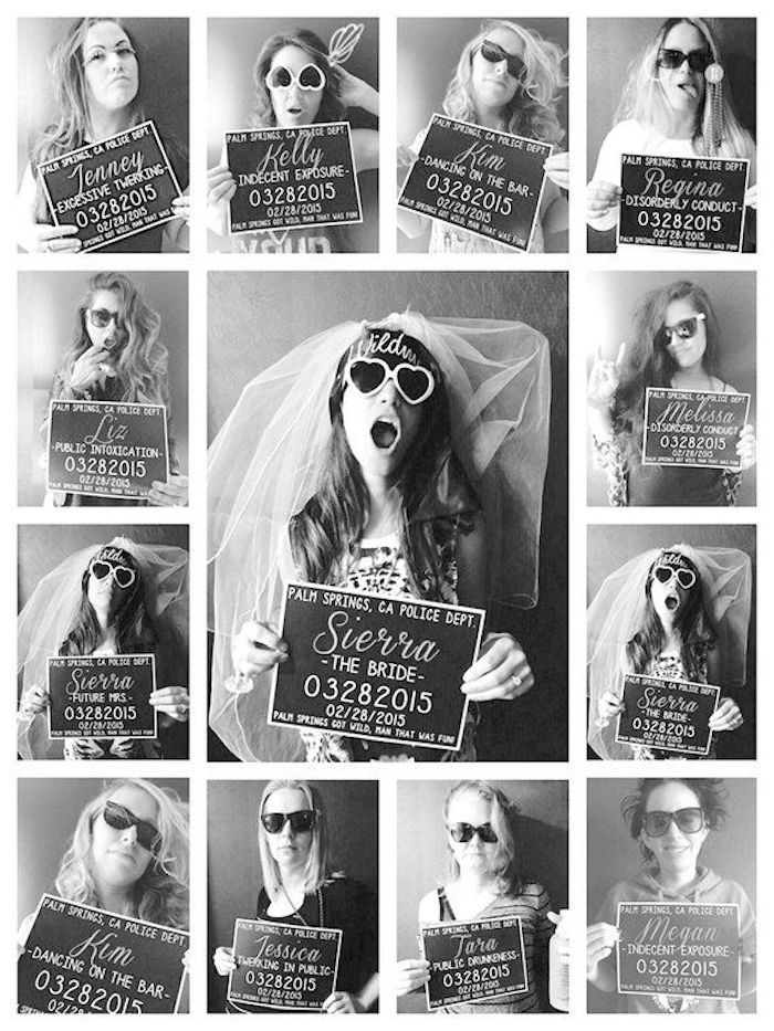 mugshot signs, bachelorette ideas, heart shaped sunglasses, women on the photos