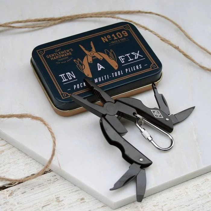 pocket multi tool pliers, gentleman's hardware, tin box, unique gifts for boyfriend