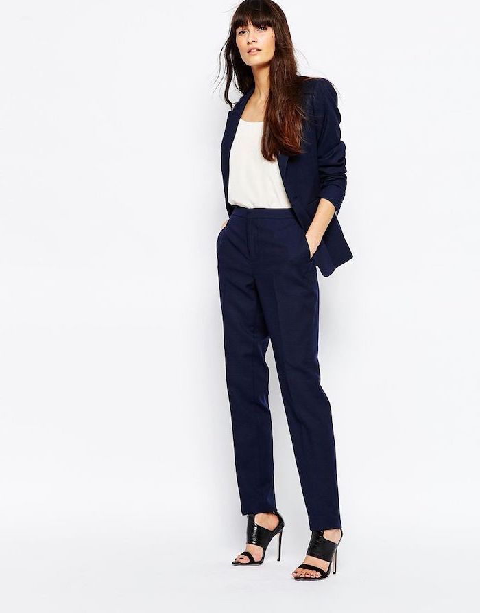 navy blue trousers and blazer, white top, black open toe shoes, work clothes for women