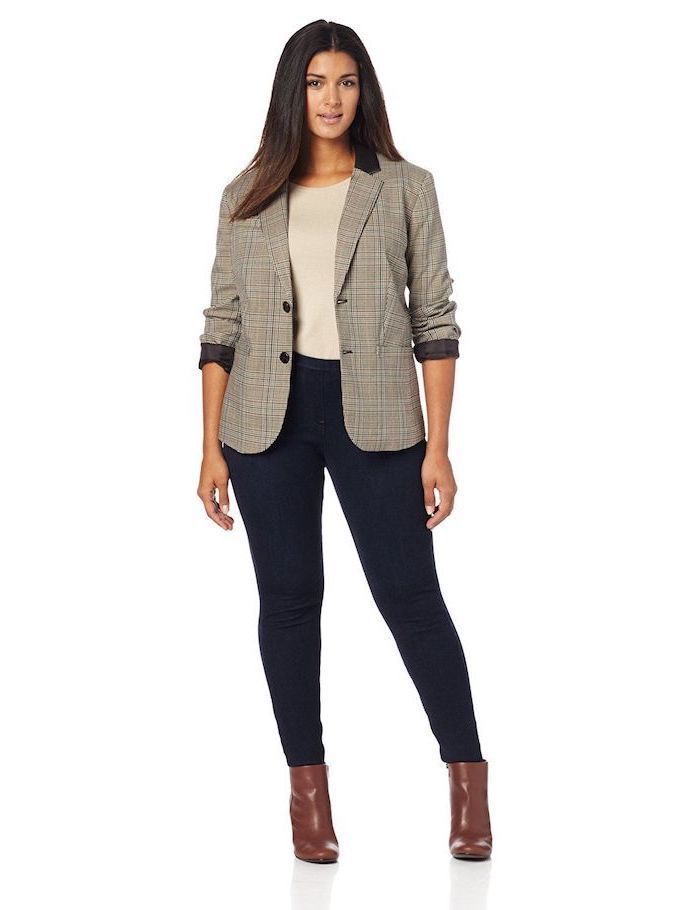 grey blazer, dark jeans, business casual outfits for women, brown leather boots, grey blouse