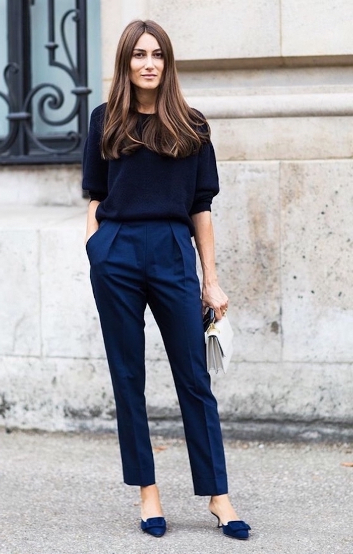navy blue trousers, navy velvet loafers with heels, dark navy blue blouse, white clutch, business casual attire
