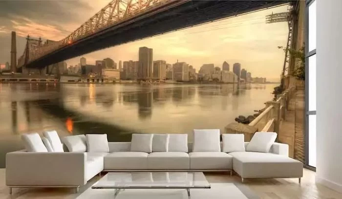 white corner sofa, new york skyline wallpaper, glass coffee tables, accent wall ideas bedroom