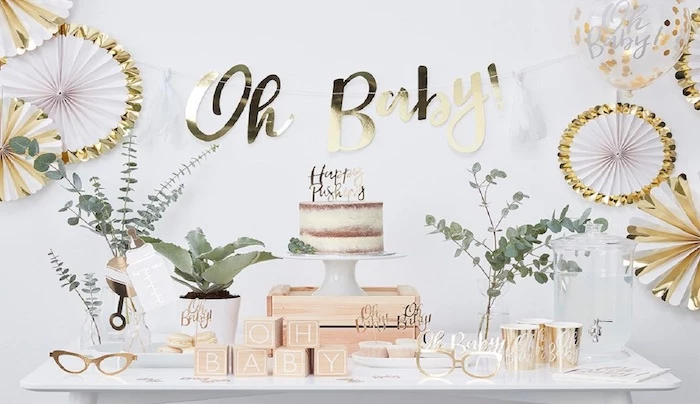 cake and sweets on the table, oh baby wooden and gold letters, baby shower theme ideas