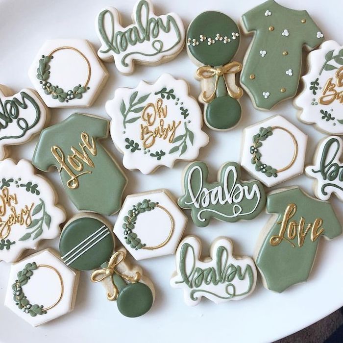 oh baby and love fondant on the cookies, baby boy shower decorations, white background