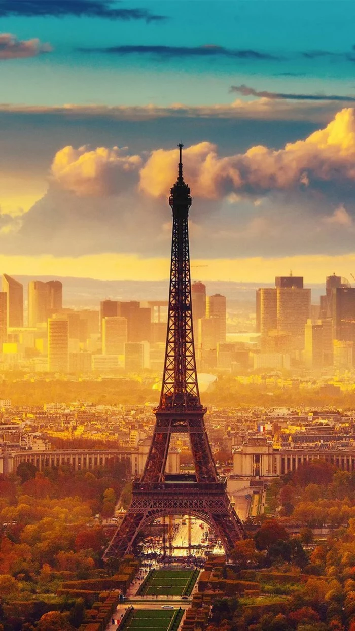 eiffel tower, motivational iphone wallpaper, paris skyline, orange and blue sky