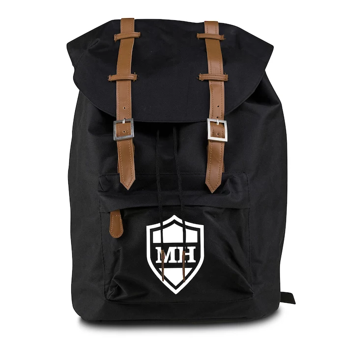 black backpack, brown leather straps, personalised with initials, valentine's day gift ideas for boyfriend