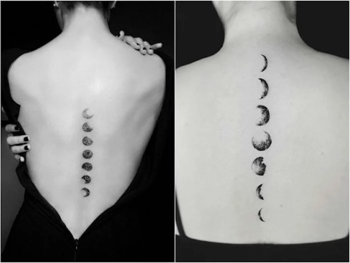 phases of the moon, back tattoo, black top and background, small tattoos with meaning