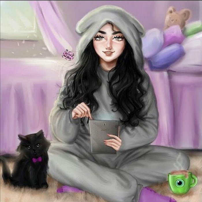 grey onesie, long black wavy hair, black cat with a pink bow, how to draw a girl step by step