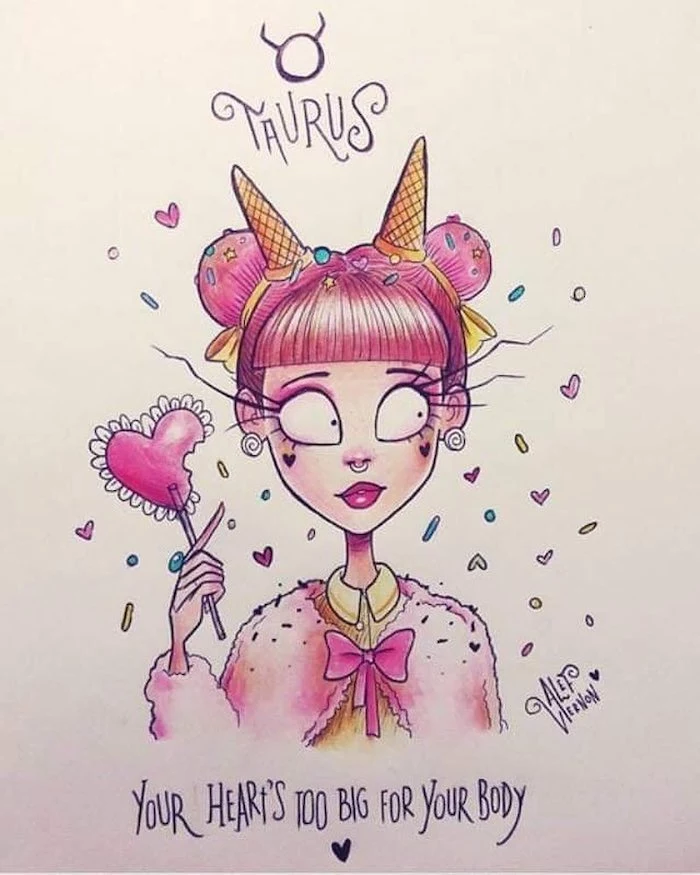 taurus zodiac sign drawing, pink hair in buns, heart shaped lollipop, how to draw a braid, pink fluffy jacket