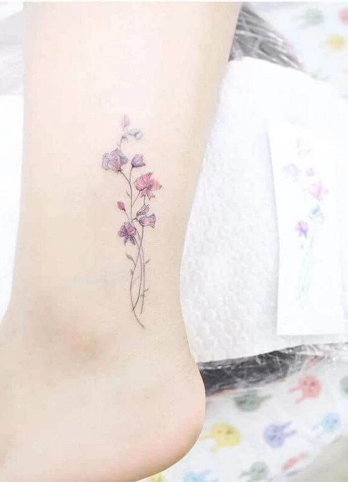 pink and purple flowers, tattoo on the ankle, white background, tattoos for girls on wrist