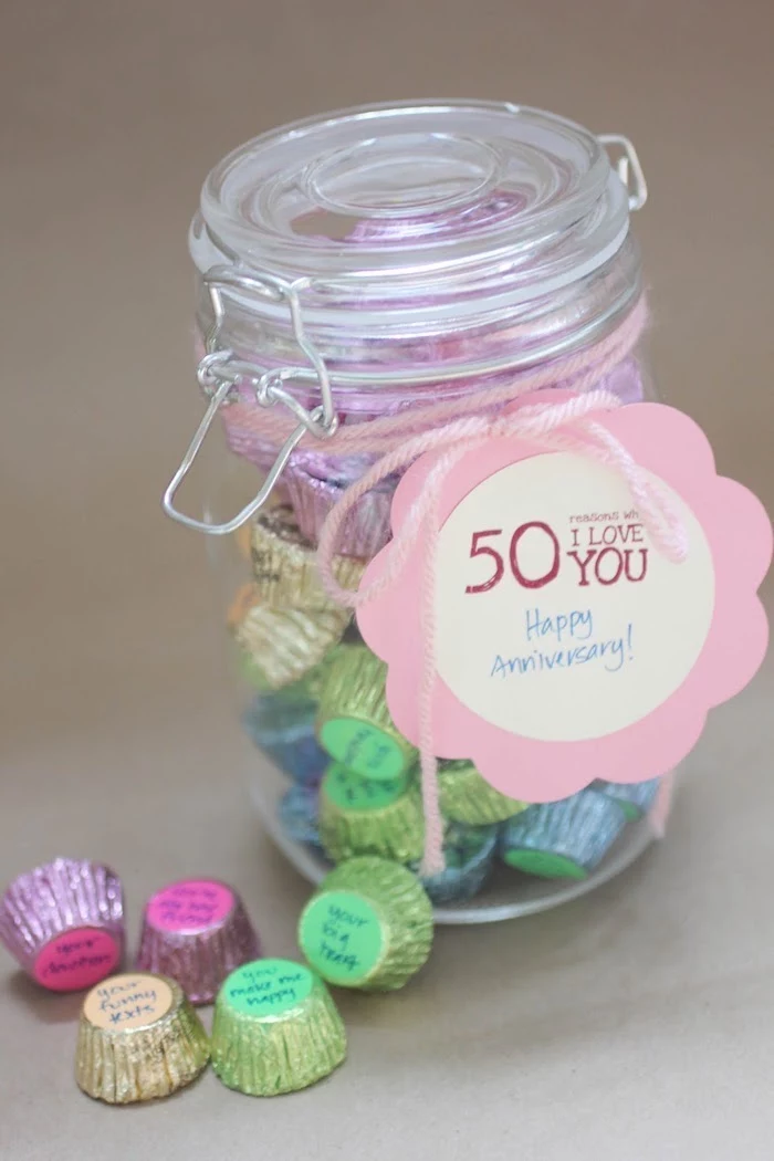 mason jar full of candy, special message, green yellow and pink candy, personalised gifts for boyfriend