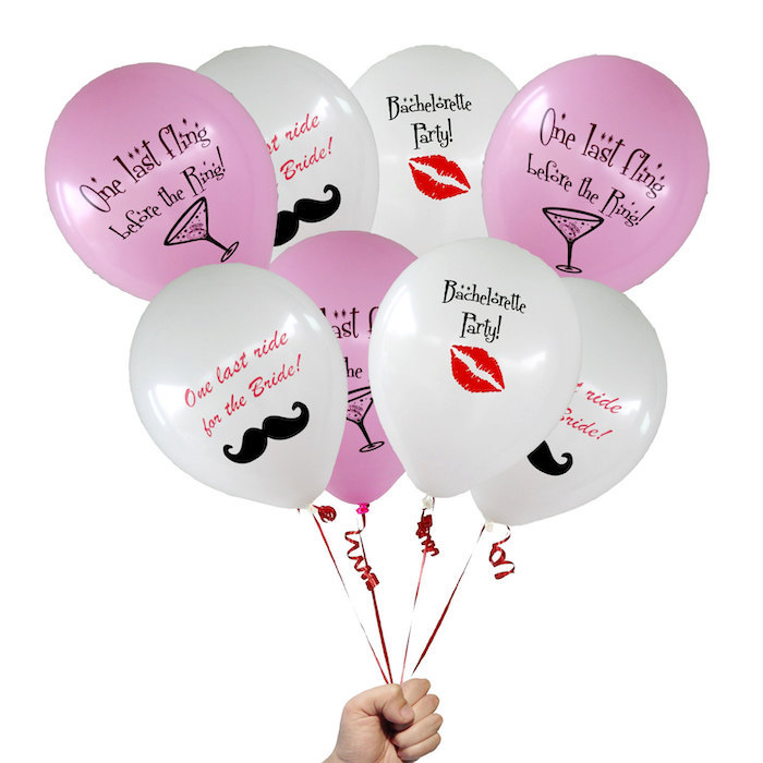pink and white balloons, different inscriptions, white background, wild bachelorette party