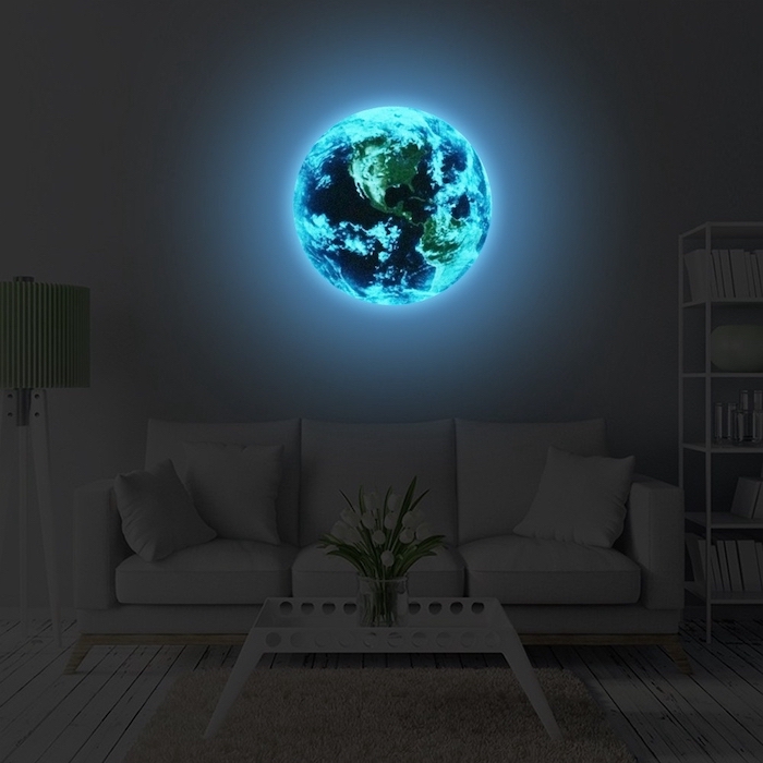 planet earth glow in the dark, living room paint ideas, white sofa and coffee table, flowers in a vase
