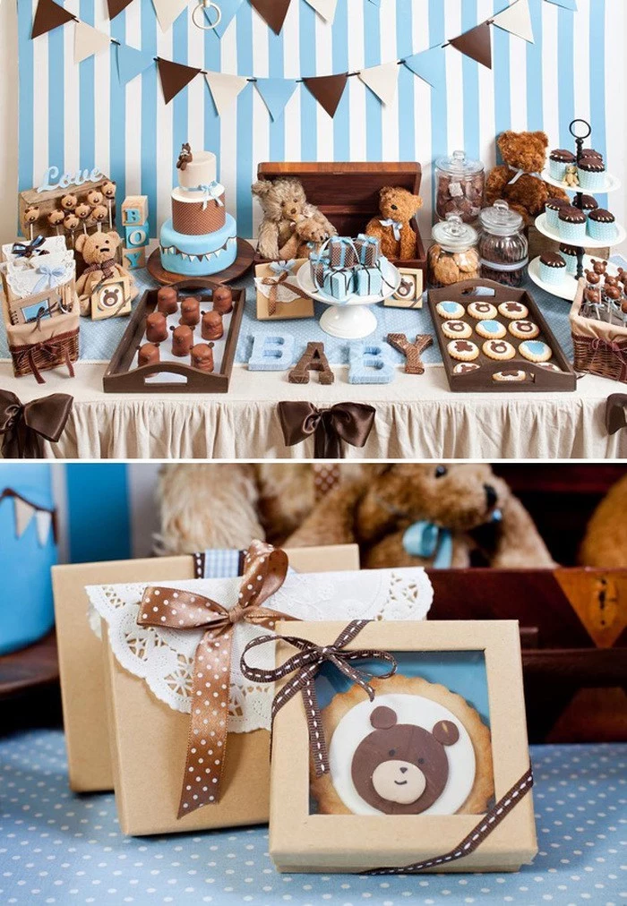 blue white and brown decorations, blush teddy bears in wooden crate, baby shower ideas for boys, cakes and sweets on the table