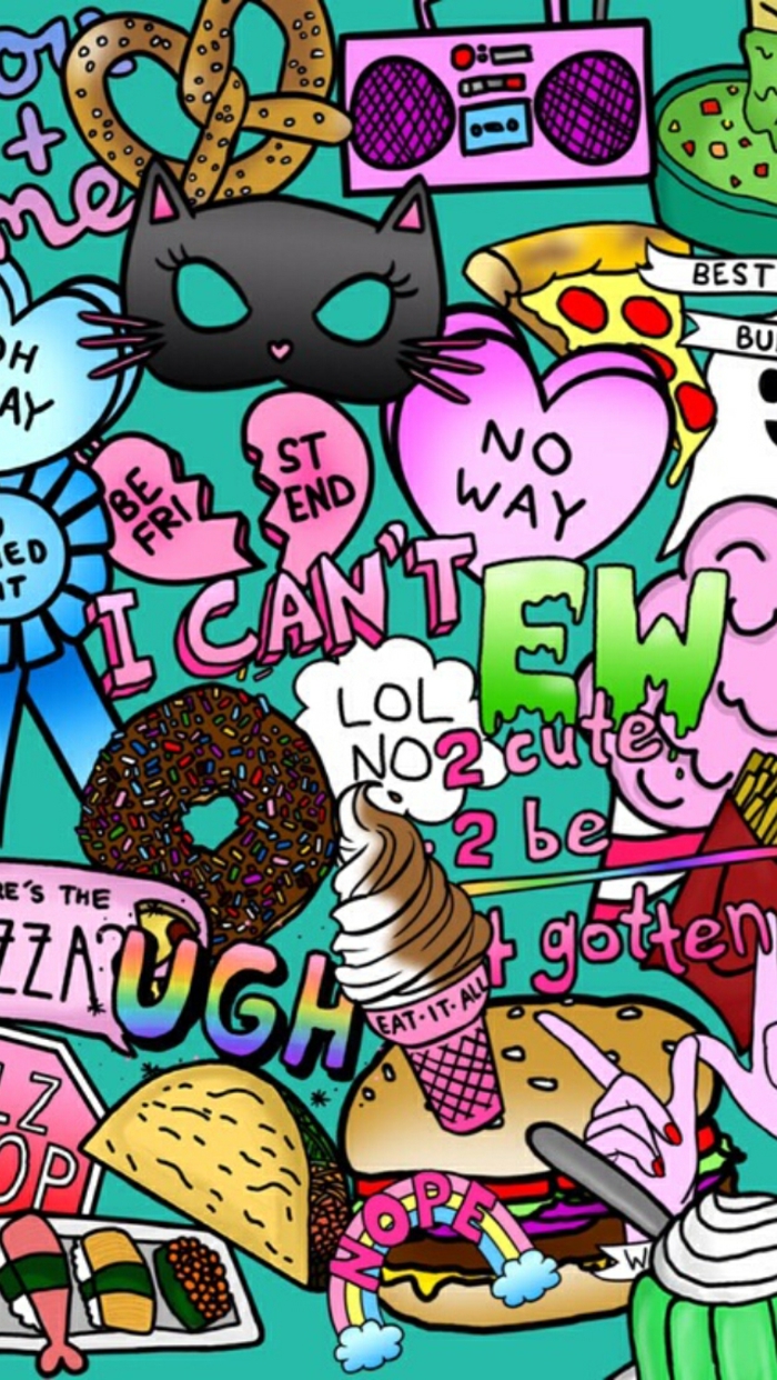 pop culture references, colourful items, iphone wallpaper, ice cream donuts and conversation hearts