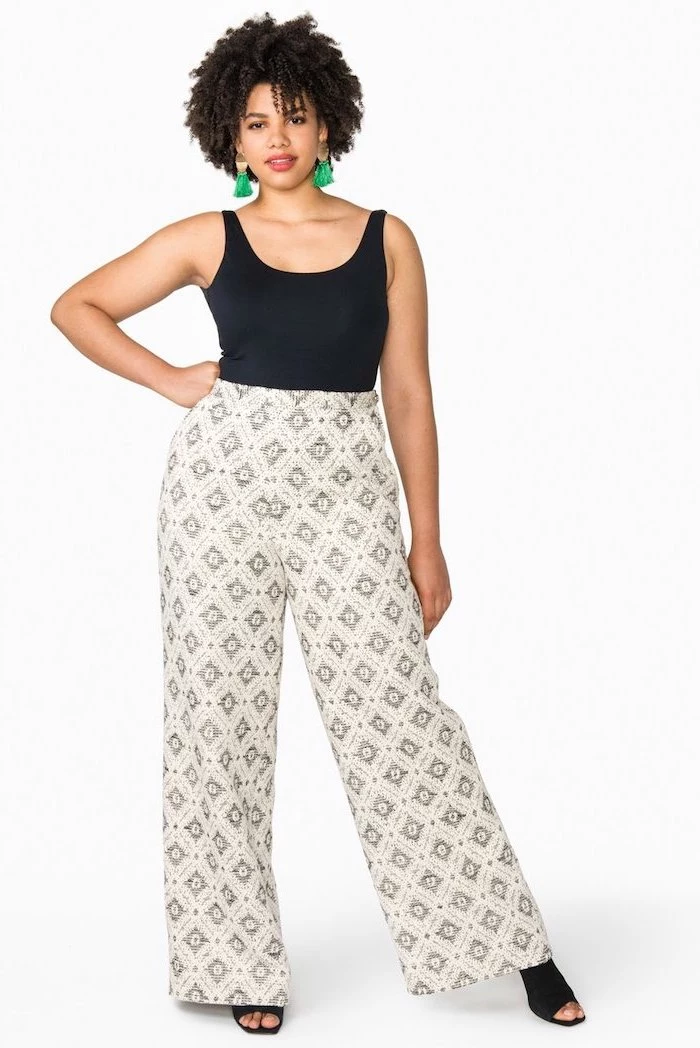 black open toe shoes, black top, womens business casual clothing, white printed wide fit trousers