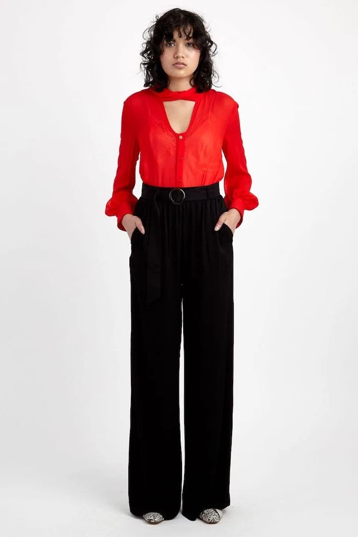 red shirt, casual wear for women, black wide fit trousers, black bels, white and black pointed shoes