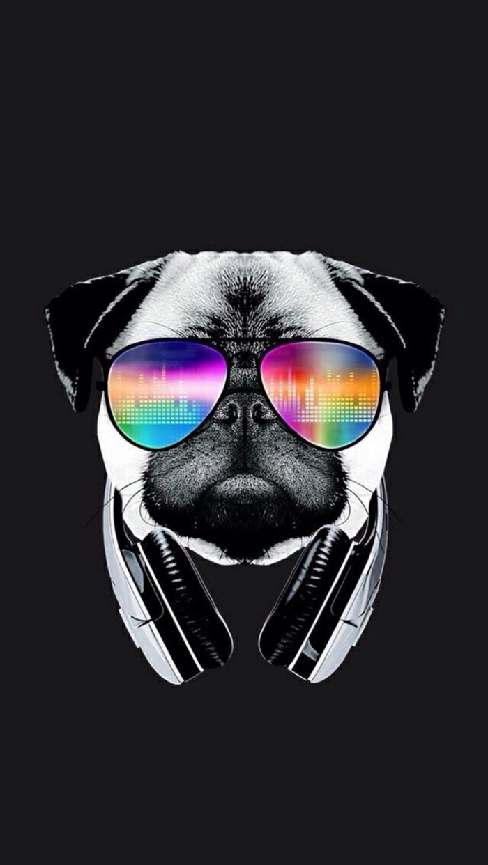 black background, best iphone backgrounds, pug with colourful sunglasses and headphones