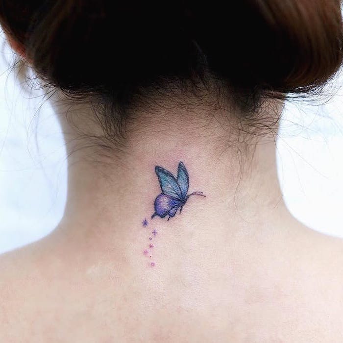 purple and blue butterfly, tattoo on the neck, small tattoos for girls, white background