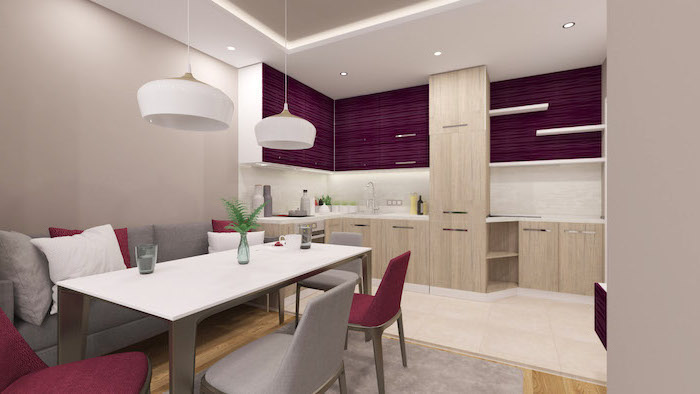 purple cabinets, wooden cabinets and drawers, modern kitchen ideas, grey sofa